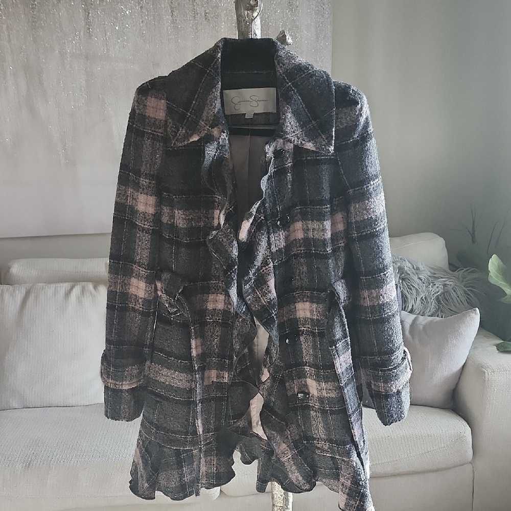 Jessica Simpson Black and Pink Plaid Trench Coat